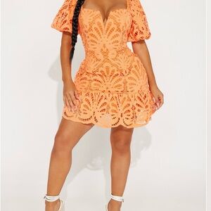 Orange Lace Puff Sleeve Dress